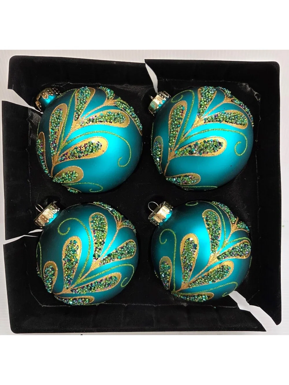 Boxed Set of 4 Teal Glitter Glass Christmas Ornaments Gold Scroll Holiday Tree
